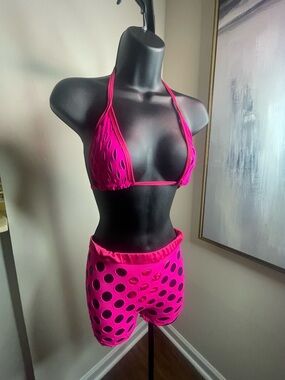Hot Pink Mesh Cutout Bikini Top & Shorts Set